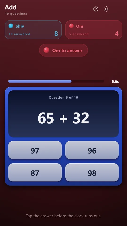 Om to answer 65 + 32 at Add, the page washed toward Om's crimson, with Shiv's 8 from ten already on the card beside it