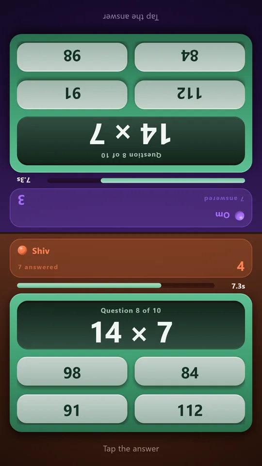 A Duel at Multiply: both halves of one phone on 14 × 7, Om's upside down at the top in violet and Shiv's below in coral