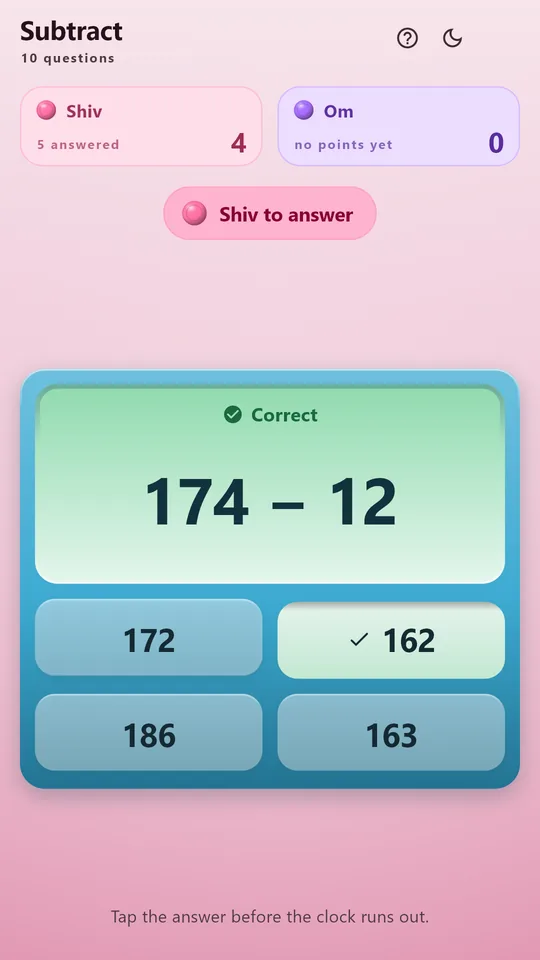A right answer landing in the light theme: Shiv's 162 pressed at Subtract, the key and the display turned green