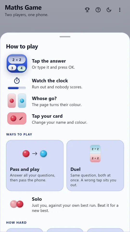 How to play in the light theme, every rule drawn: tap the answer, watch the clock, whose go, and the ways to play as tiles