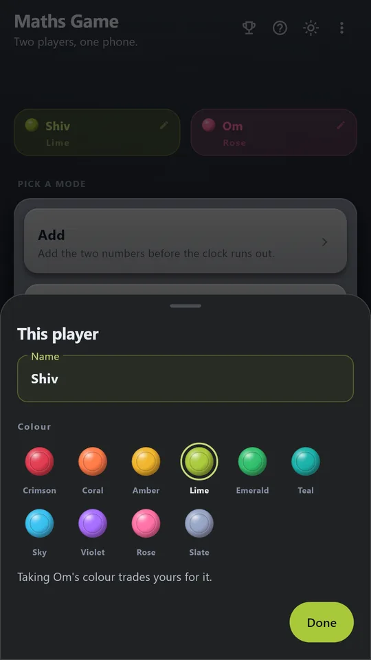 Shiv's card opened: the name field, and ten colours with Lime picked