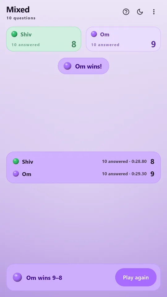 Om takes a match of Mixed 9–8 in the light theme, both players' times beside their scores