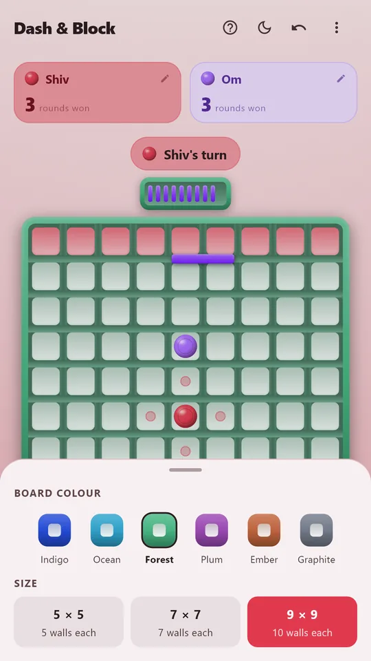 Choosing the board's colour and its size, with the board changing live behind the sheet
