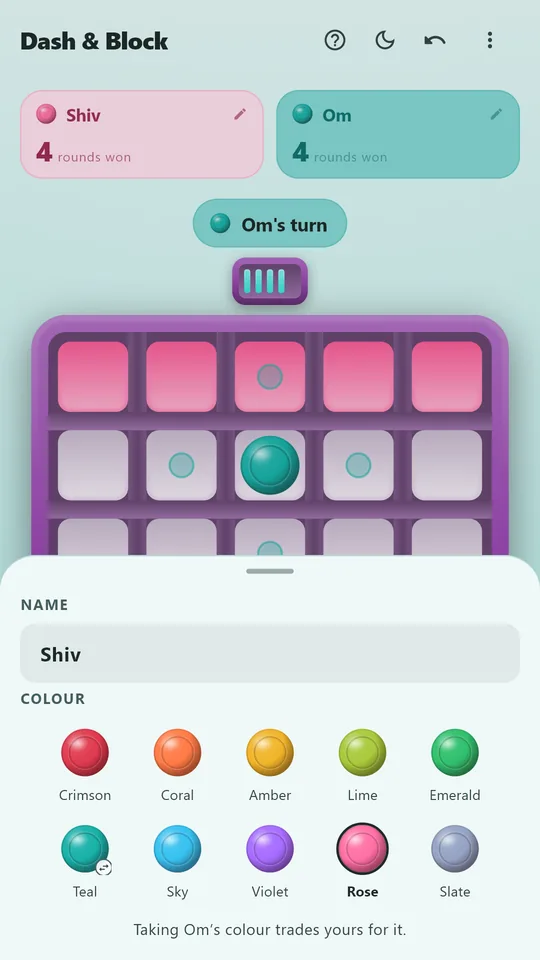 A player editing their own name and colour from their card, in the light theme