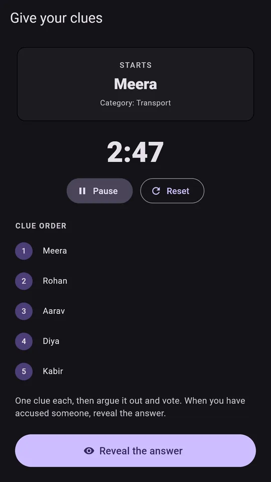 The discussion timer running, with the clue order listed beneath it