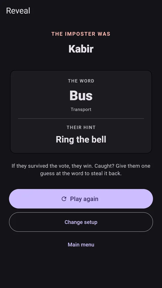 The reveal: who the imposter was, the real word, and the hint they were working from