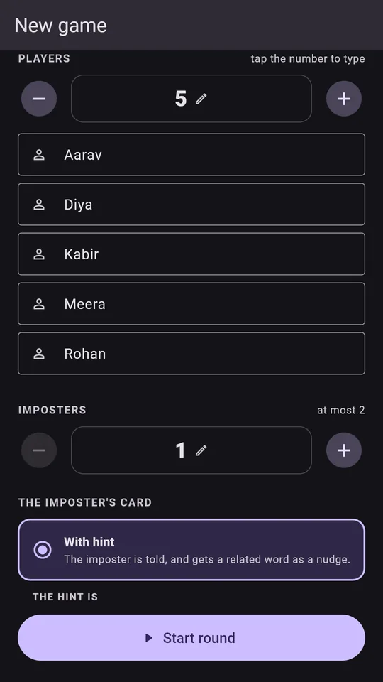 Setting up a round: the player count, everyone's names, and how many imposters