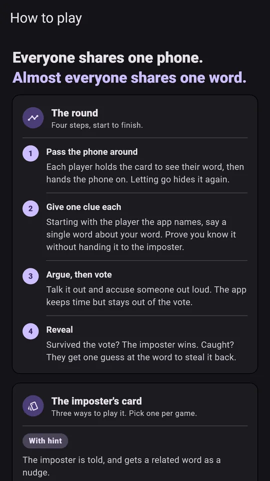 How to play: the four steps of a round, and the three imposter modes